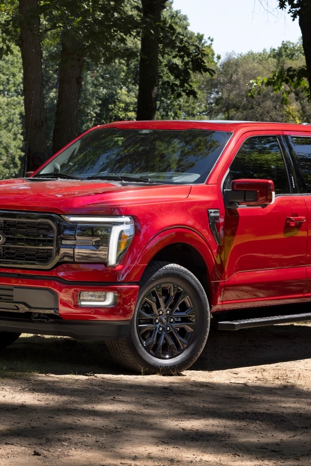 Большой красный Ford F-150 Lariat 2024 года в лесу