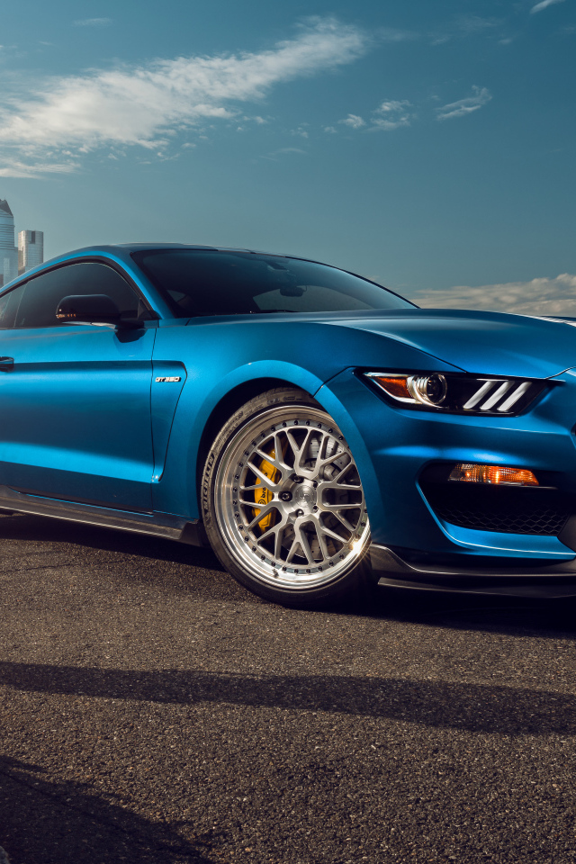 Синий автомобиль Ford Shelby Mustang GT350 в городе