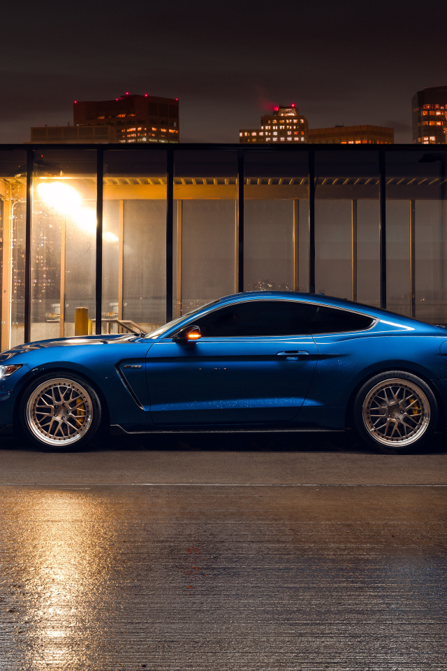Синий спортивный автомобиль Ford Shelby GT350  на фоне небоскребов