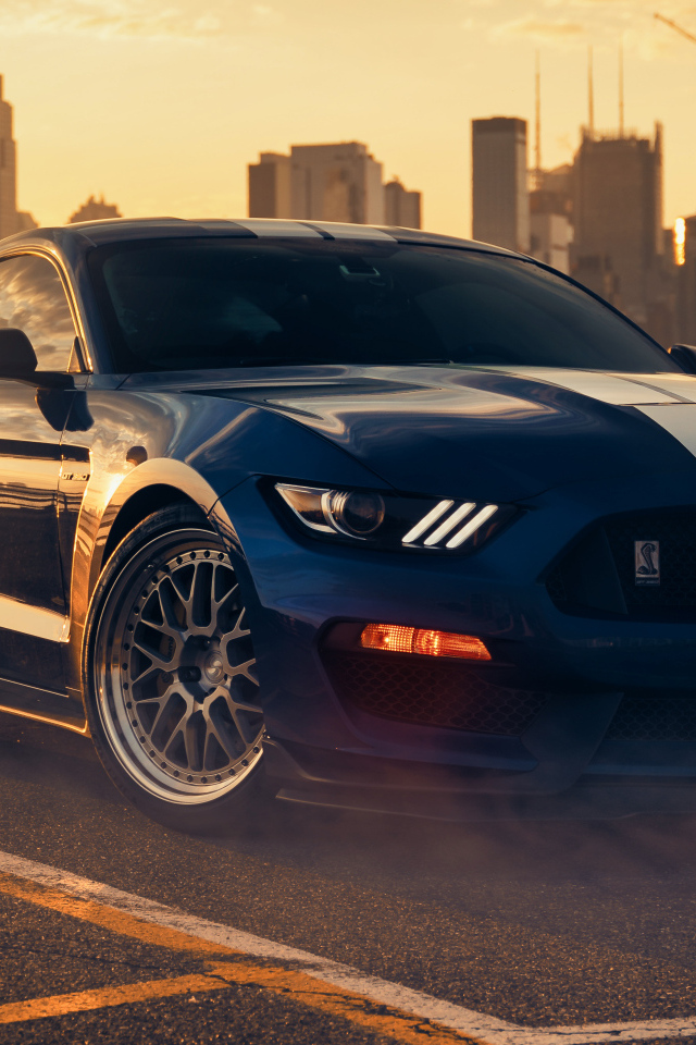 Автомобиль форд мустанг Shelby GT350 на фоне города
