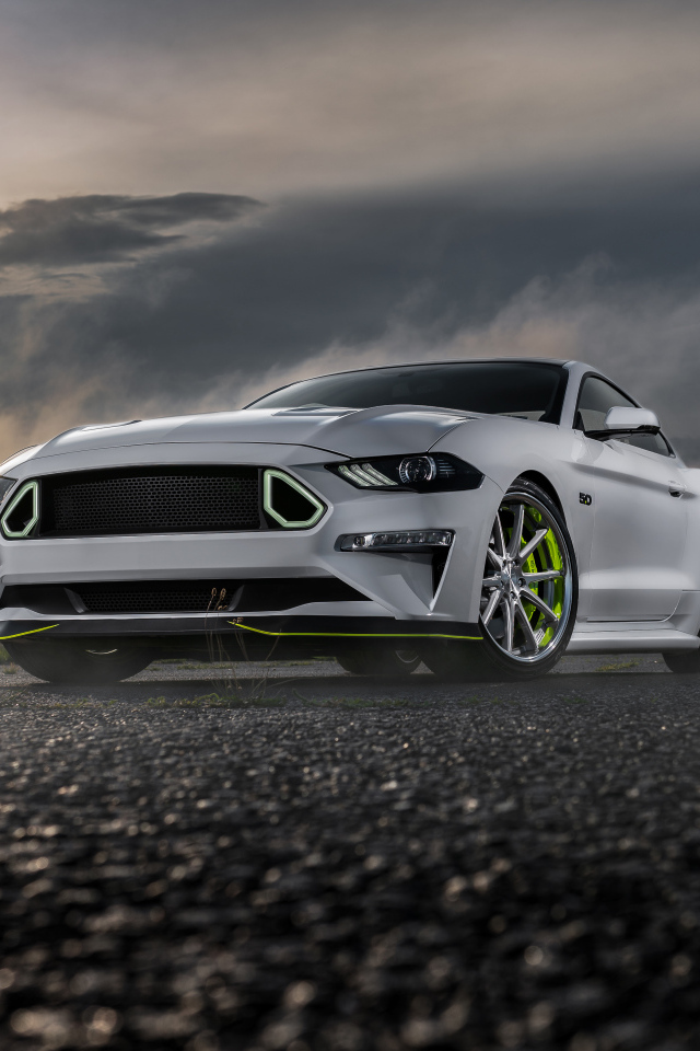 Серебристый Ford Mustang GT на фоне грозового неба