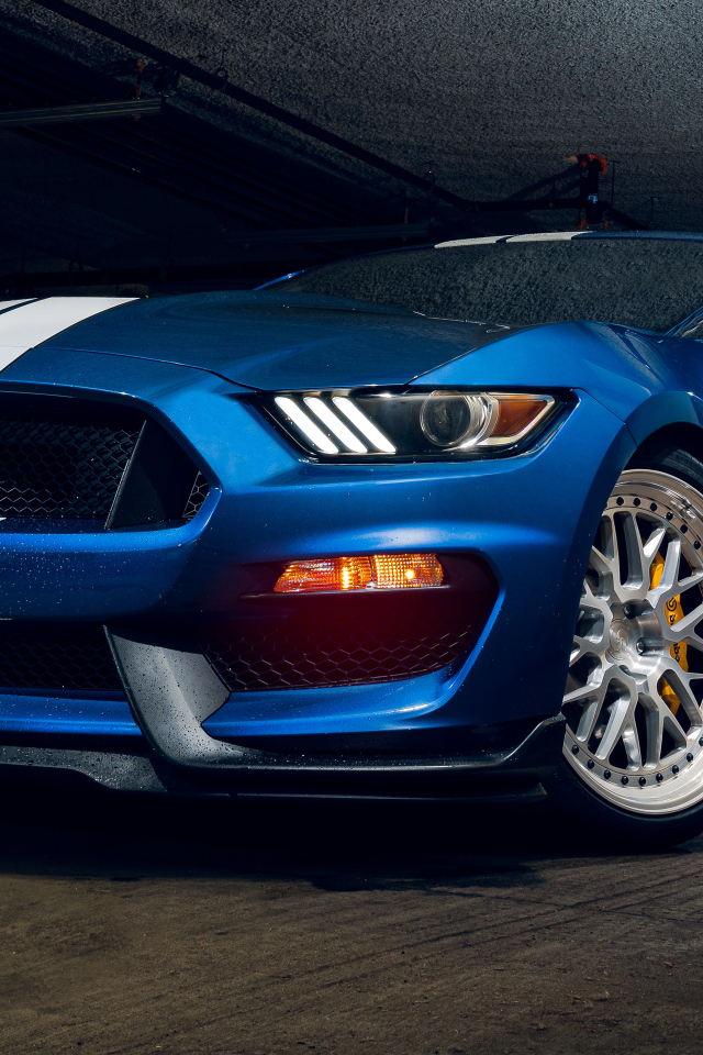 Мокрый синий автомобиль форд мустанг Shelby GT350