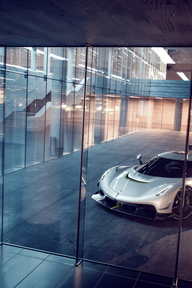 Автомобиль Koenigsegg Jesko у стекла