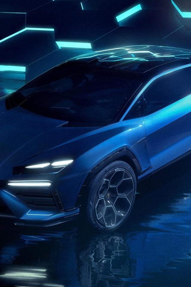 Презентация автомобиля Lamborghini Lanzador Concept EV на синем фоне