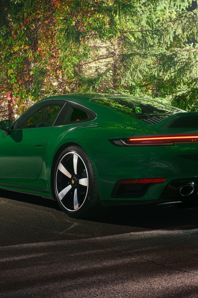 Вид сзади на зеленый автомобиль Porsche 911 Sport Classic 2023 года