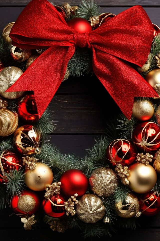 Рождественский венок с красным бантом