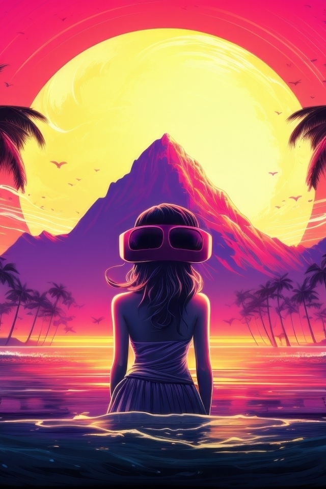 Девушка стоит в воде на фоне луны