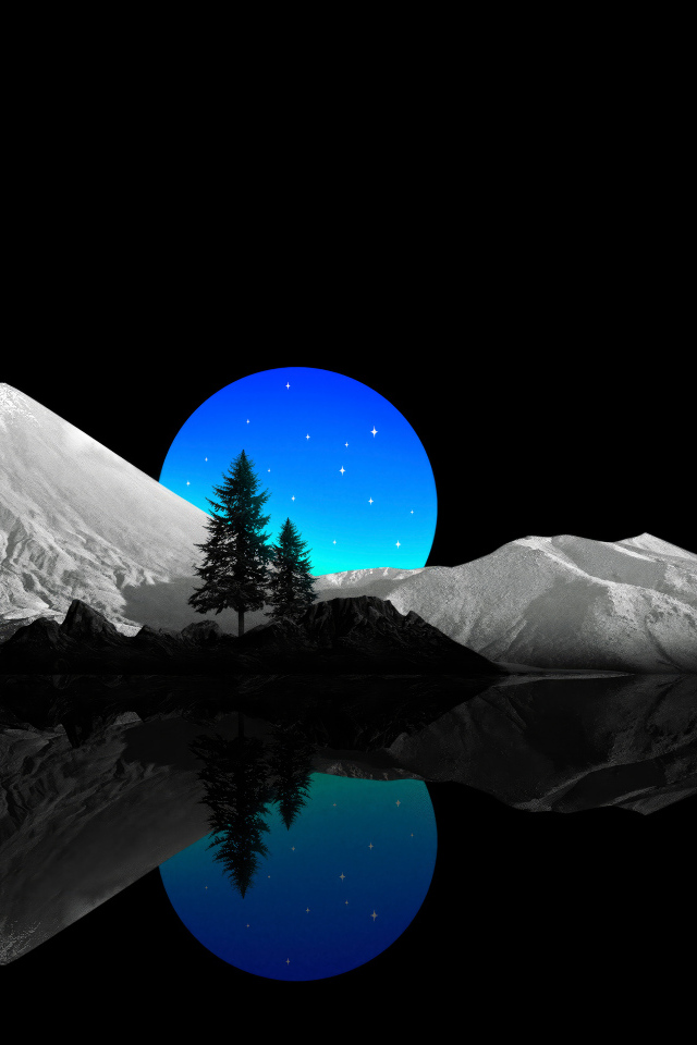 Нарисованные горы и луна на черном фоне