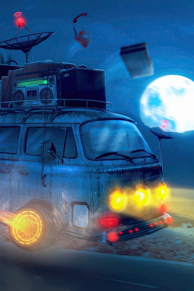 Нарисованный ретро автомобиль на дороге ночью