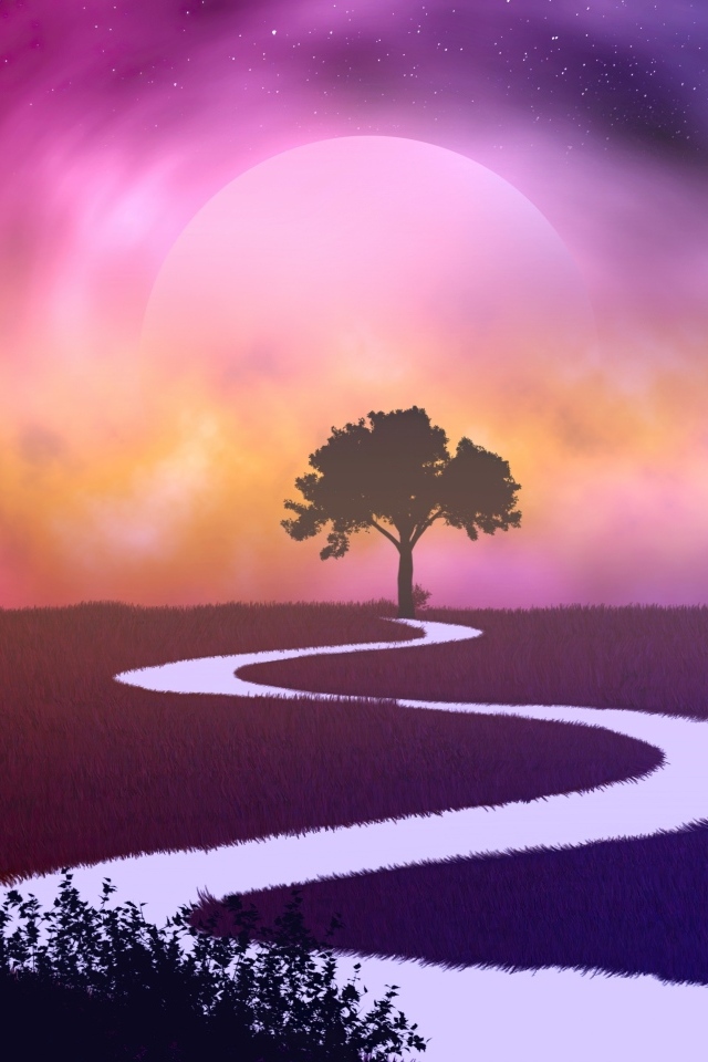 Нарисованная белая река на фоне луны