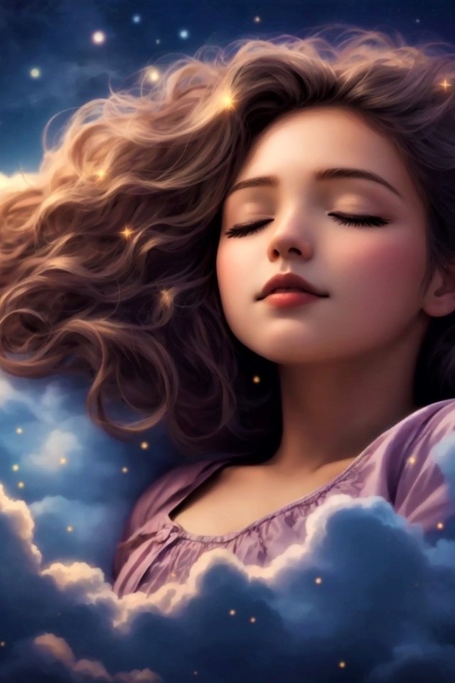 Нарисованная девушка спит в белых облаках