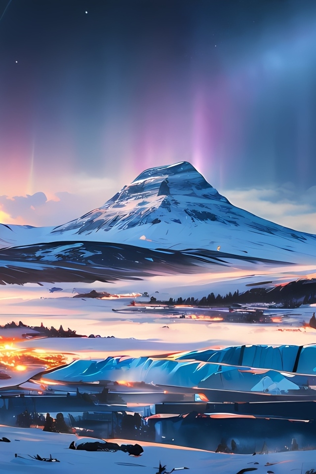 Нарисованная гора с полярным сиянием