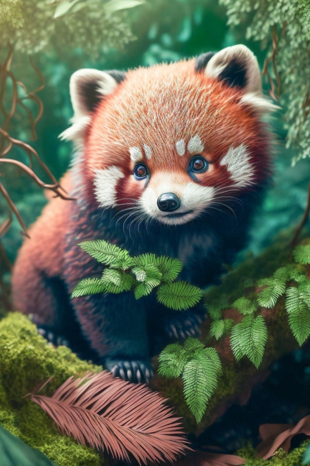 Нарисованная красная панда на ветке дерева