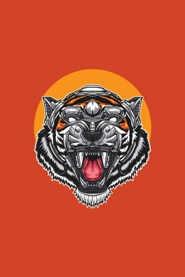 Нарисованная голова тигра на оранжевом фоне