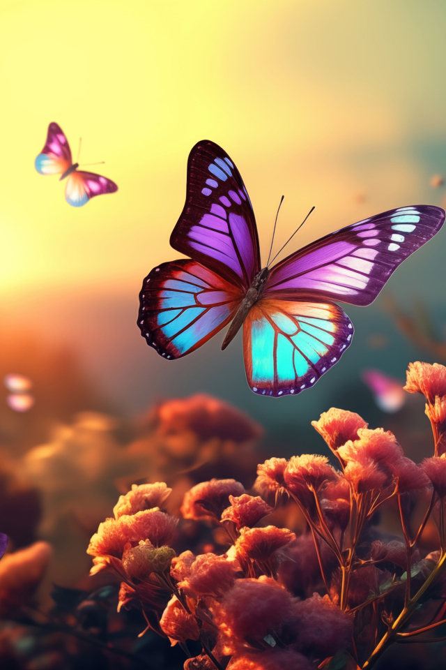 Красивые фантастические бабочки летают над цветами