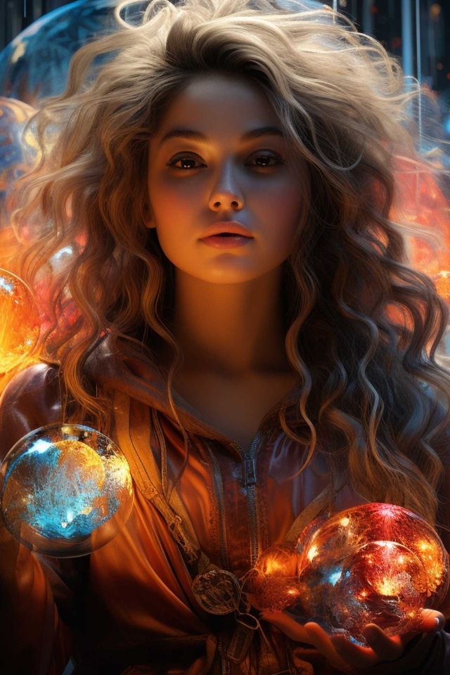 Красивая девушка с фантастическими светящимися шарами