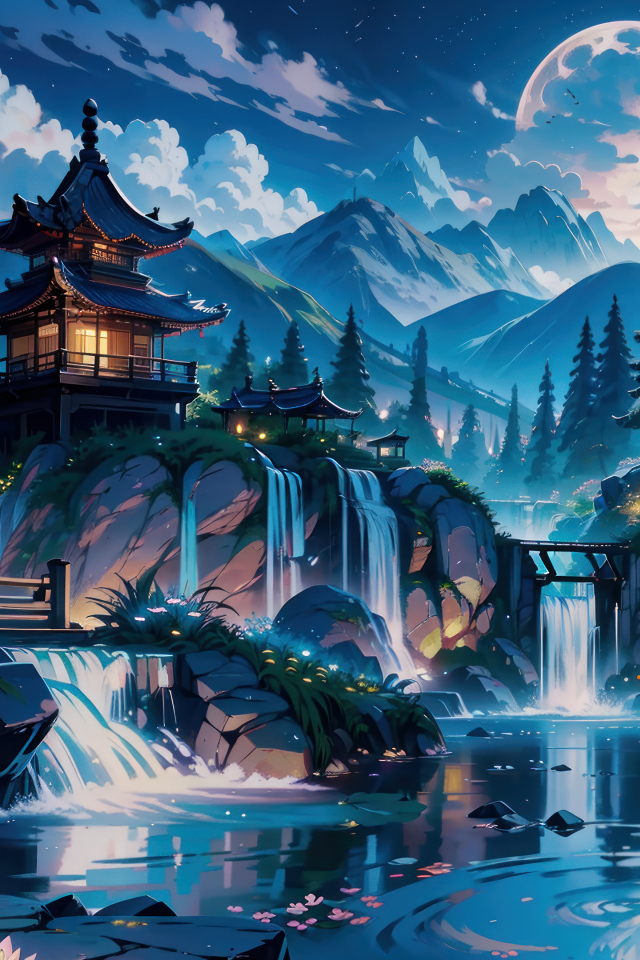 Красивый нарисованный китайский храм у пруда в горах