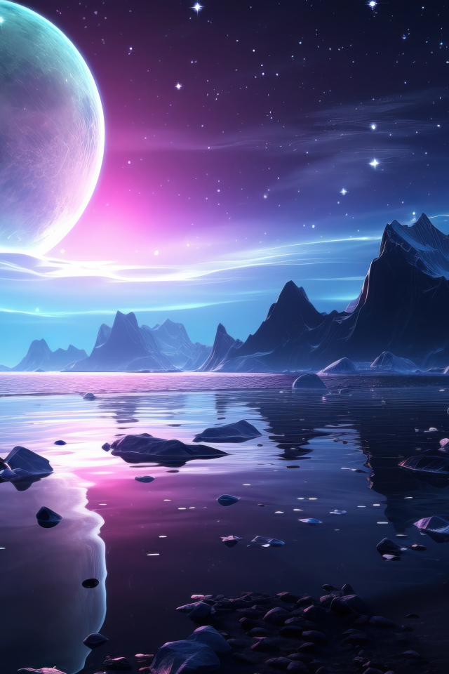 Большая фантастическая луна в небе над озером