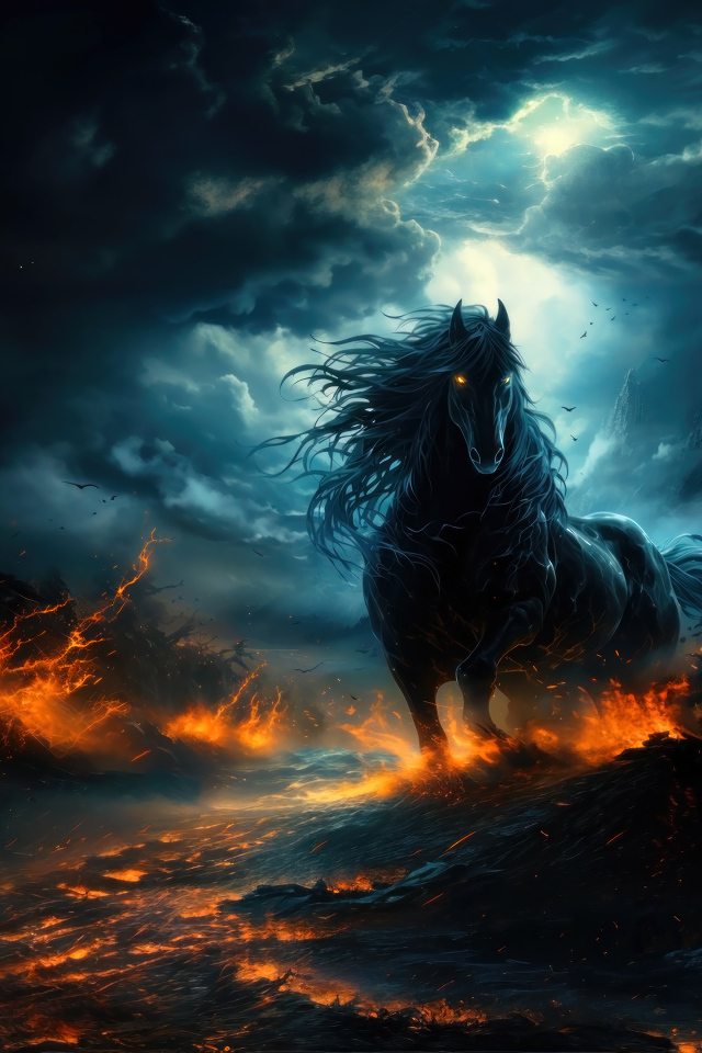 Черный фантастический конь на огненной земле