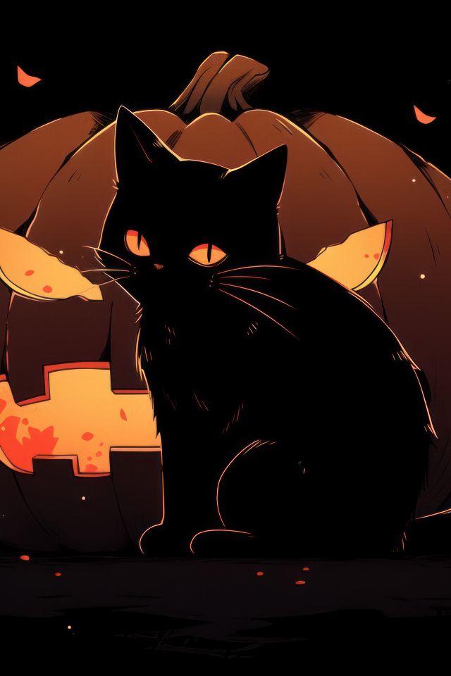 Черный котенок на фоне фонаря из тыквы