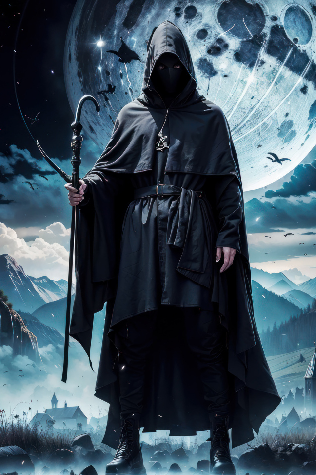 Черный маг в плаще на фоне луны