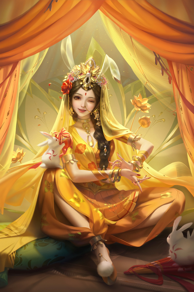 Фантастическая девушка азиатка сидит в шатре