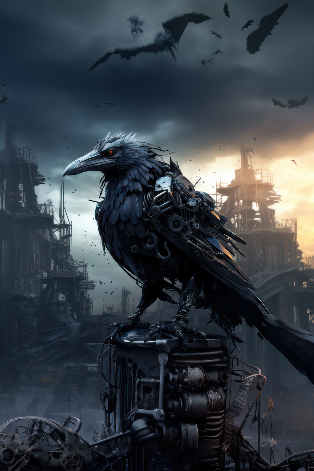 Фантастический черный ворон на фоне разрушенного города