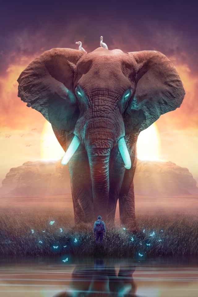 Фантастический слон у воды с человеком