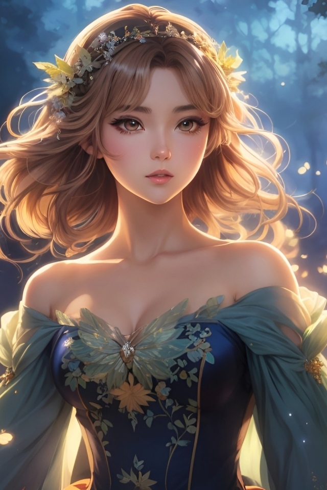 Фантастическая девушка в красивом платье в лесу