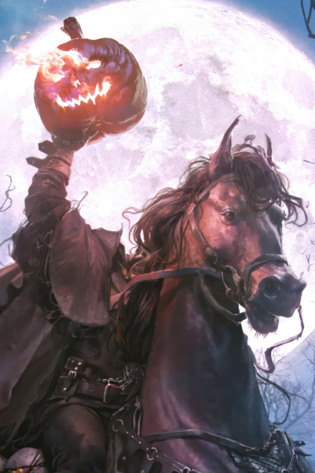 Фантастический всадник без головы с тыквой в руках