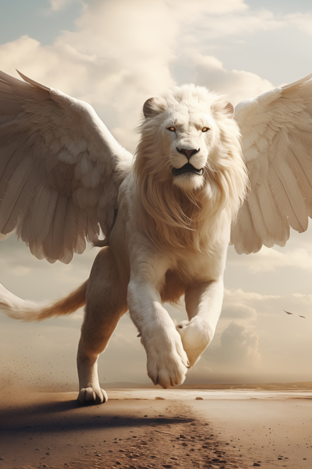 Фантастический лев с белыми крыльями
