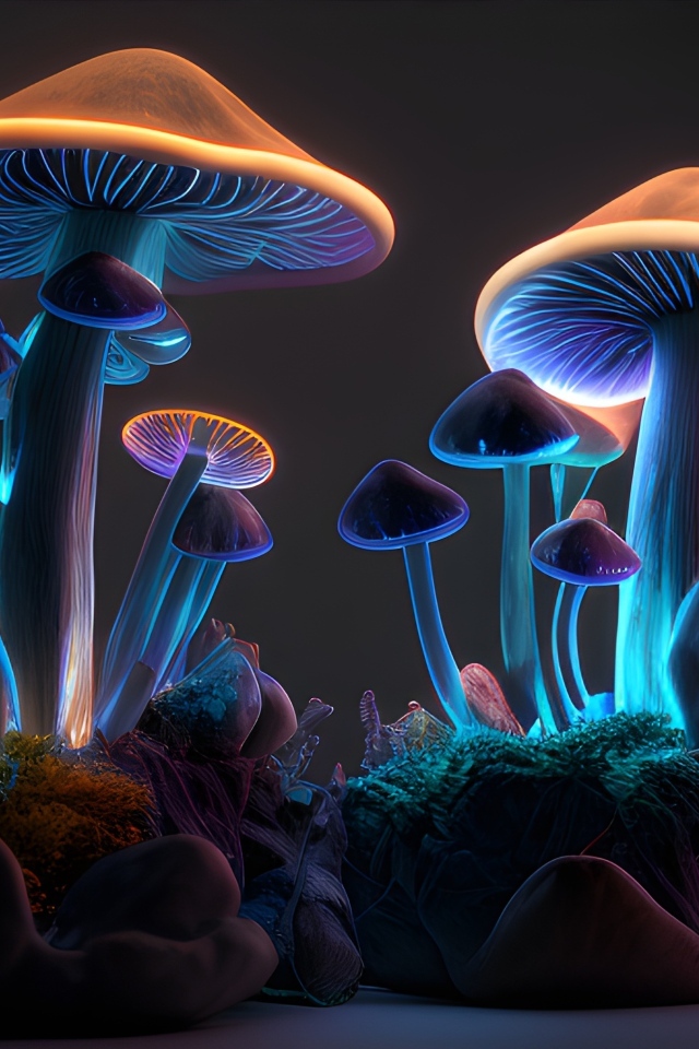 Фантастические неоновые грибы на сером фоне