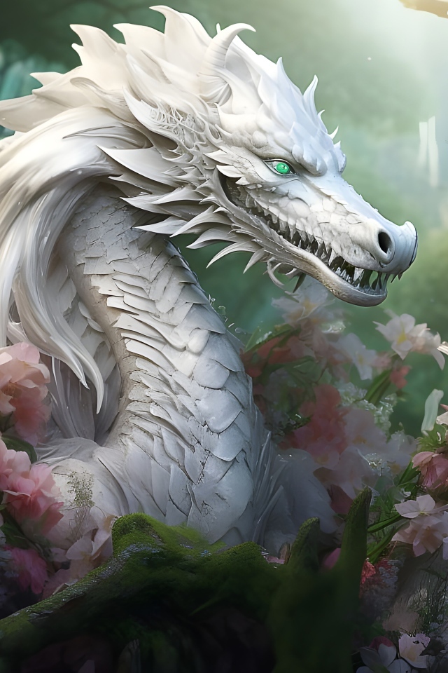 Фантастический белый дракон в розовых цветах