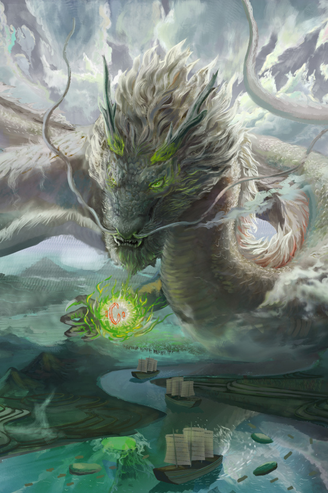 Фантастический дракон над рекой