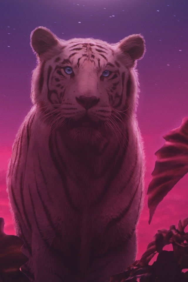 Фантастический тигр с зелеными листьями ночью