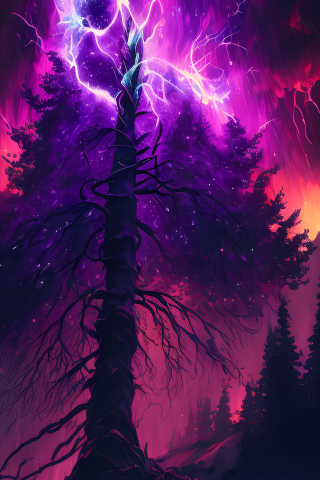 Молния разрывается над старым деревом