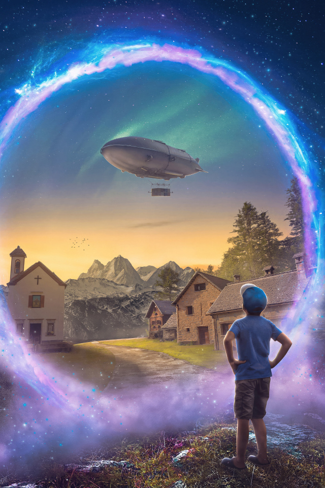 Маленький мальчик смотрит на волшебный мир