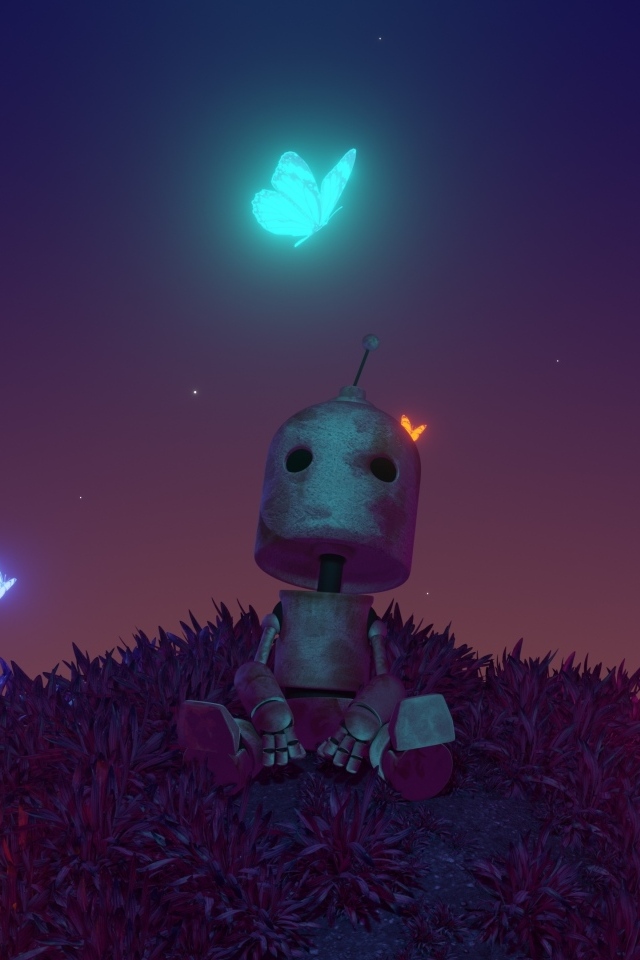 Маленький робот с неоновыми бабочками