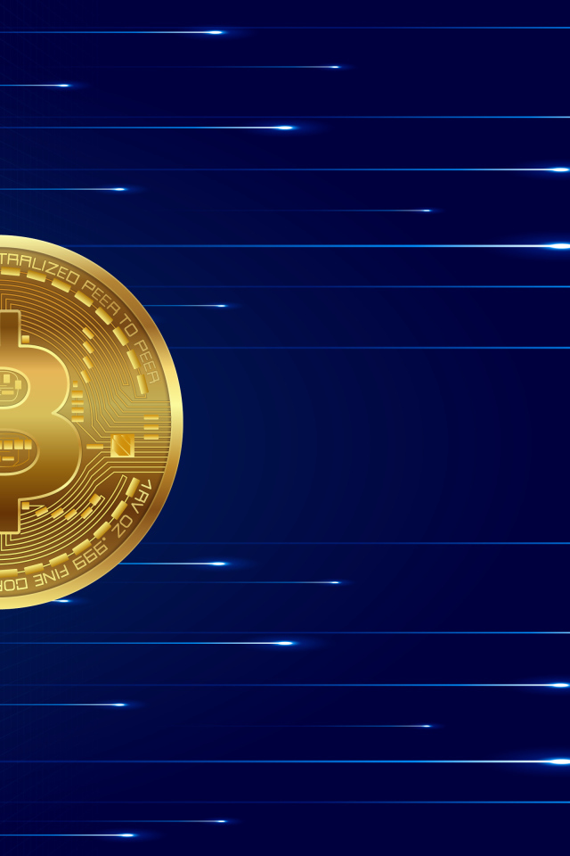 Золотая монета биткоин на синем фоне с яркими линиями