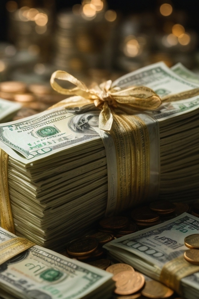 Пачки долларов с монетами перевязаны бантом