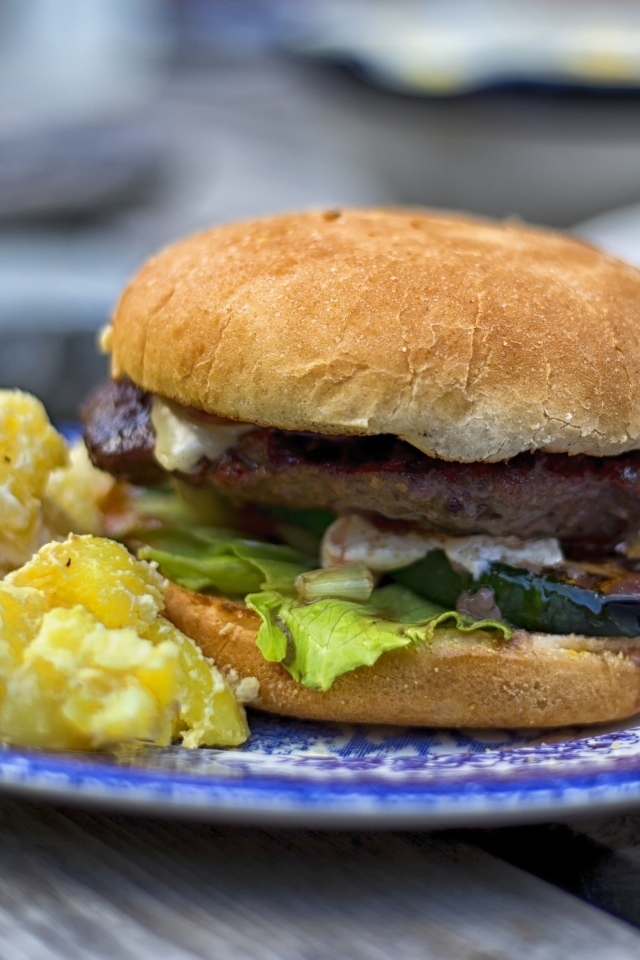 Гамбургер на тарелке с картофелем