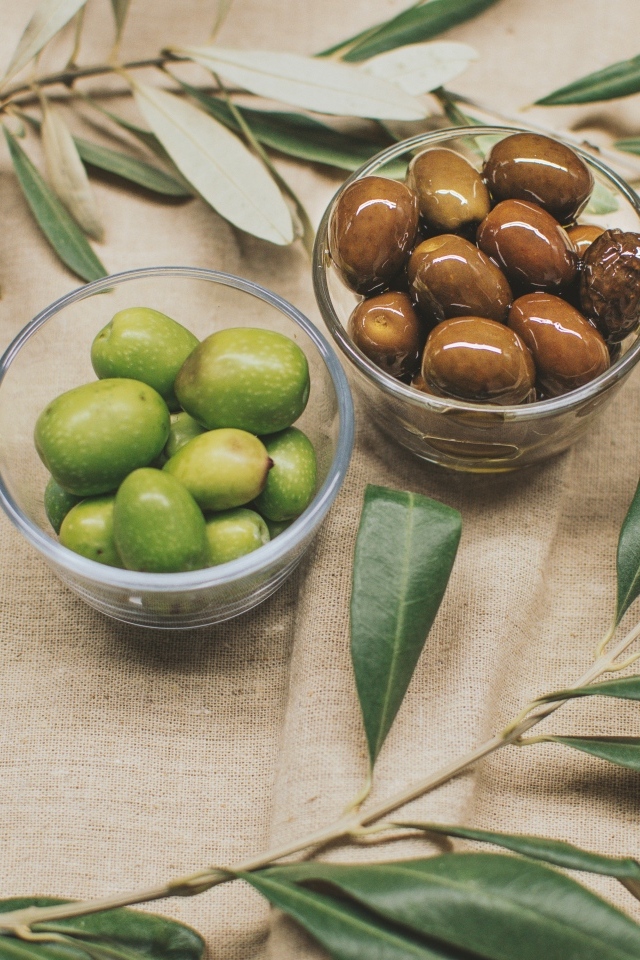 Оливки на столе с ветками