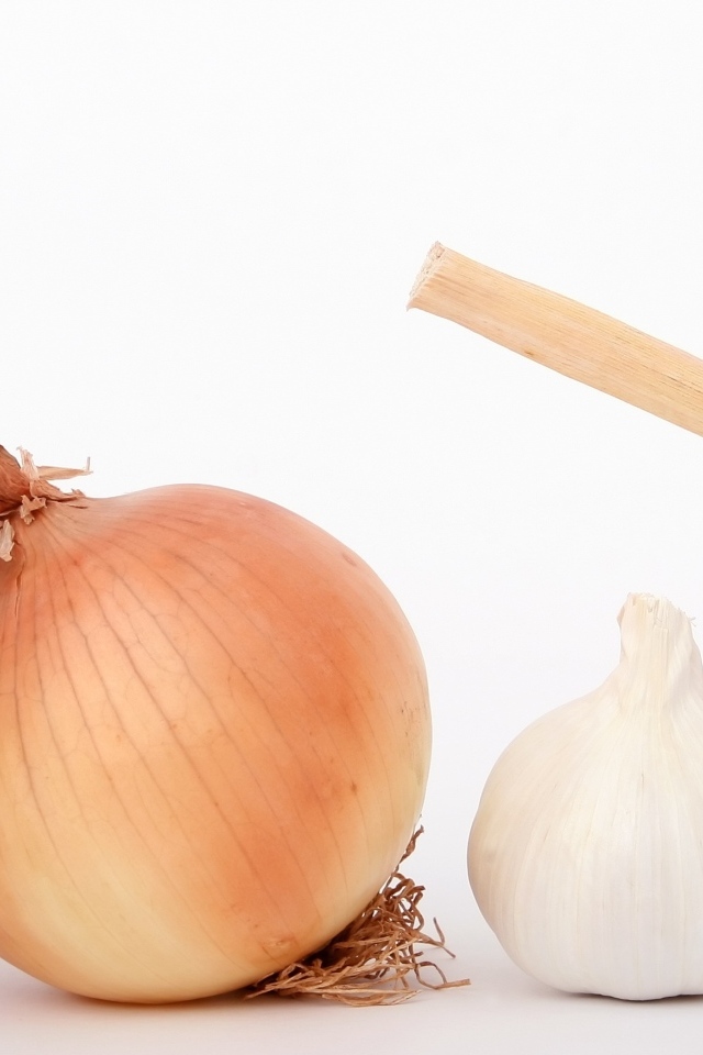 Репчатый лук с чесноком на белом фоне