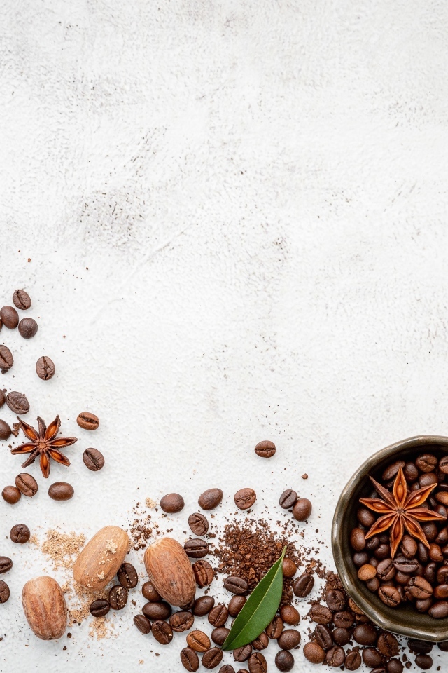 Зерна кофе со специями на сером фоне