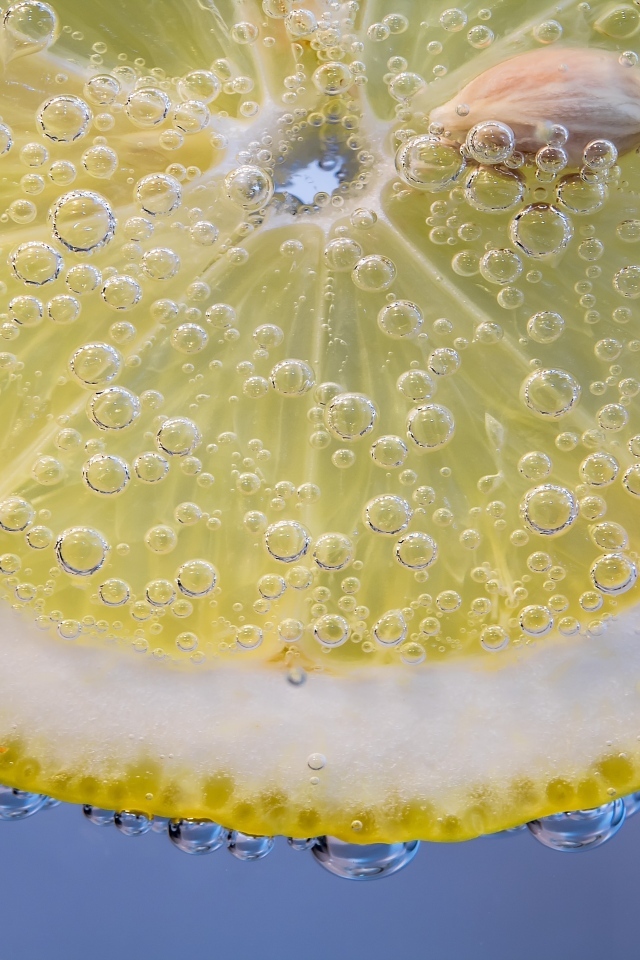 Кружок лимона в каплях воды на голубом фоне