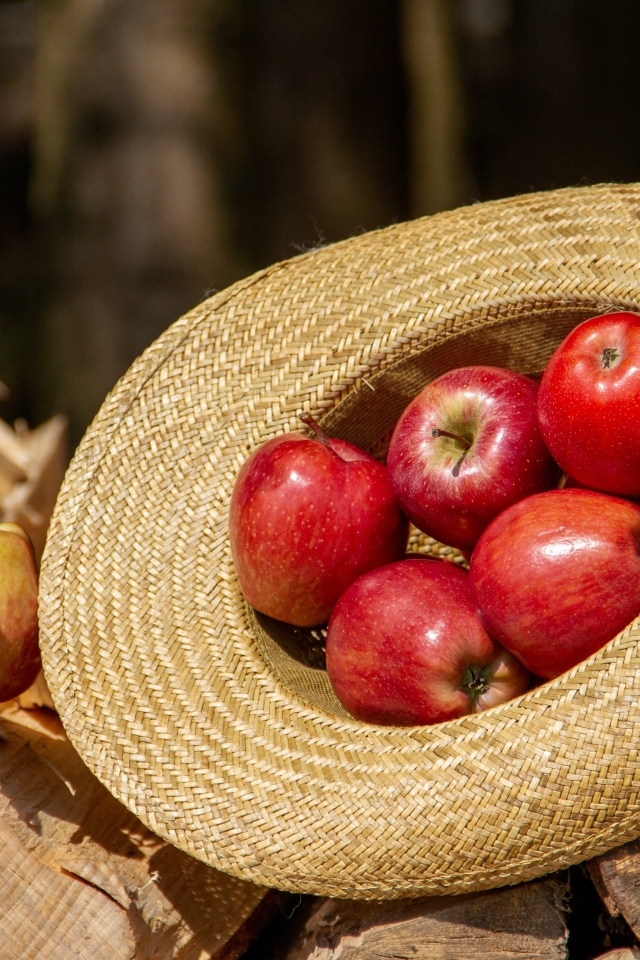 Красные яблоки лежат в соломенной шляпе 