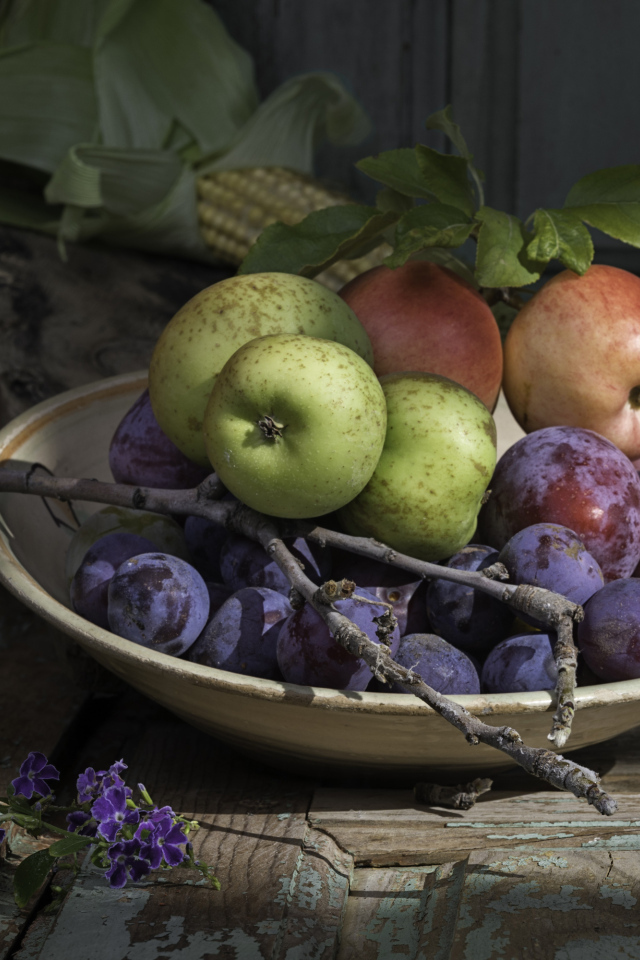 Спелые сливы на тарелке с яблоками