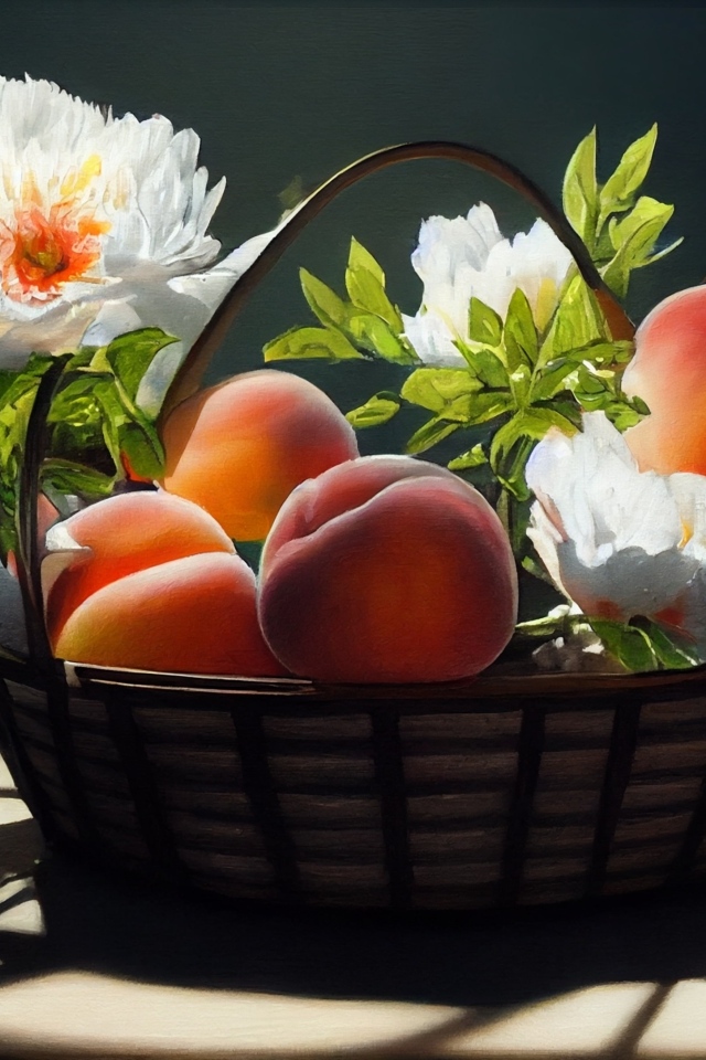 Спелые сладкие персики в корзине с цветами