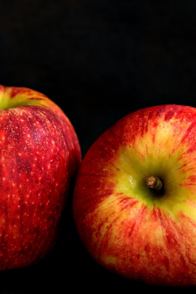Два больших спелых красных яблока на черном фоне