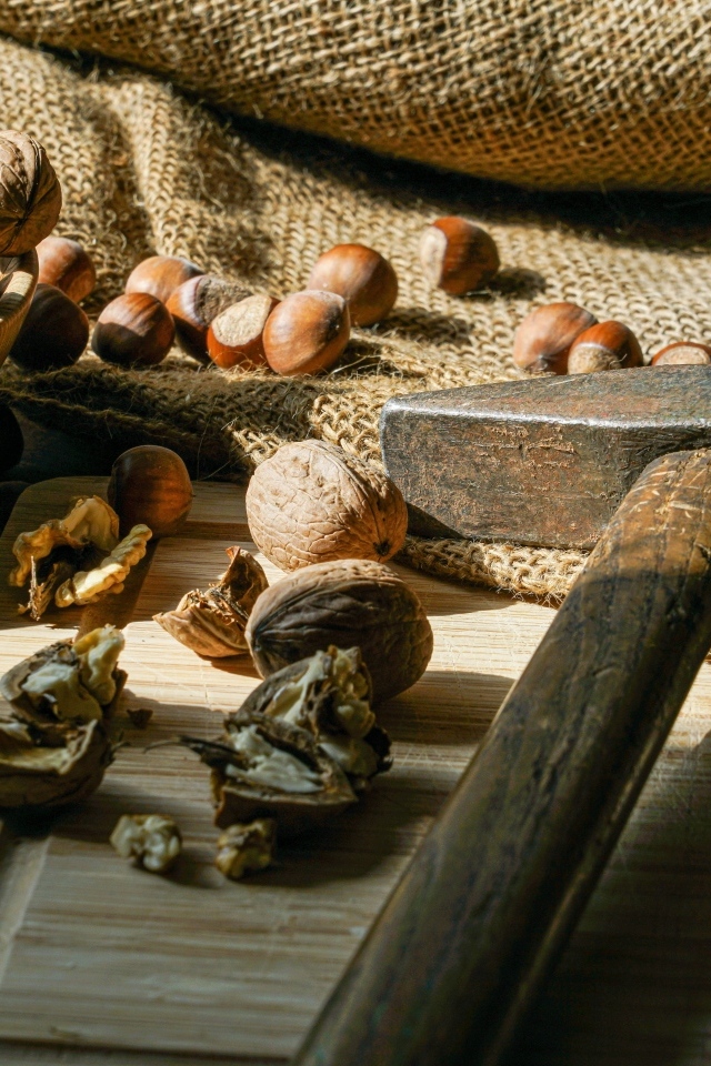 Грецкие орехи и фундук на столе с молотком